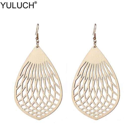 YULUCH Drop Earrings Ethnic African Beige Hollow Wooden Long Pendant Earrings Fashion Jewelry Light Bulb Pattern Dangle Earrings