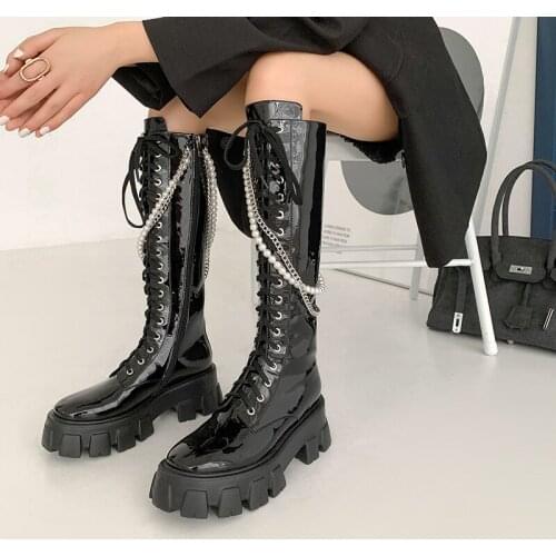 2021 New Full Cow Genuine Leather Motorcycle Boots Women Square High Heels Lace Up Winter Boots Ladies Knight Knee High Boots