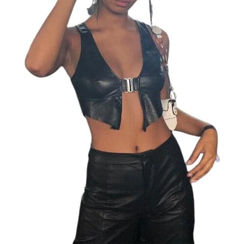 Womens Basic Vest Basic Top Womens Pu Leather Tank Top Party Sleeveless Crop Tops Vintage y2k 2020 Lace Pleated Skirts Elegent