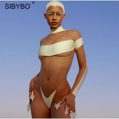 Sibybo Mesh See Through Sexy Women Bodysuit Jumpsuit Summer Long Sleeve Slim Body Tops Femme Patchwork Sport Fitness Overalls
