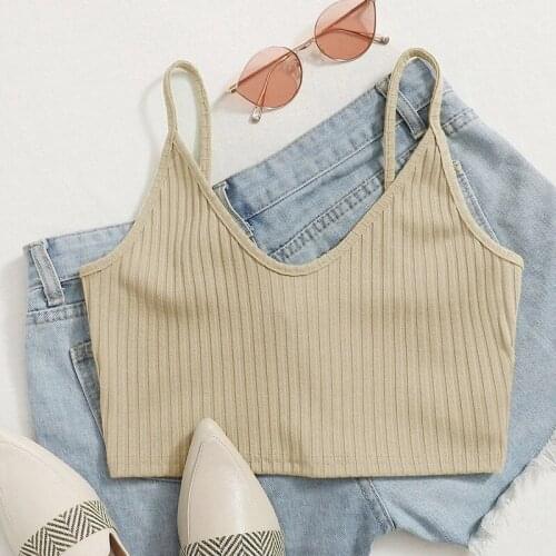 European and American womens 2021 solid color sexy lace V-neck sleeveless knitting with suspender crop top women 5 Colors