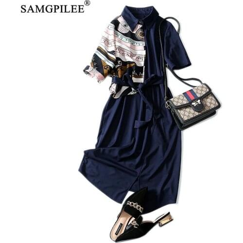 Summer Clothes For Women 2020 Casual Print Short Sleeve Sashes Knee-length Empire Turn-down Collar Plus Size Women Dresses 4xl