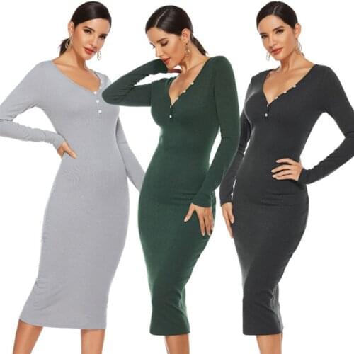 Women Long Sleeve Sexy V-Neck Buttons Bodycon Midi Long Dress Solid Color Ribbed Knitted Package Hip Basic Clubwear