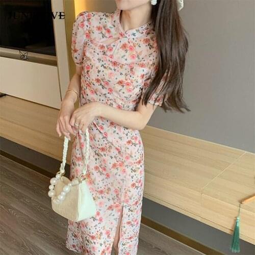 JuneLove Short Sleeve Elegant Vintage Dress Women Puff Sleeve Floral Design Sexy Midi Dress Split Party Dress Korean 2021 Summer