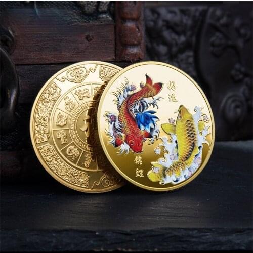 Gold and Silver Coin Embossed Metal Craft Badge Gift Chinese Fu Koi Commemorative Coin Good Luck To You Carp Medal