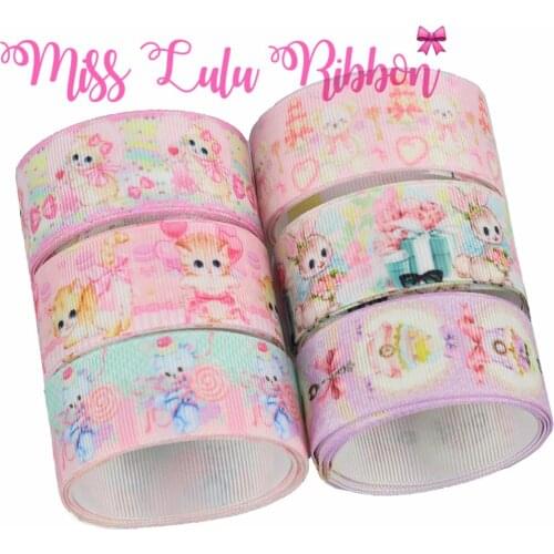 16mm-75mm Cute Rabbit Cat Printed Grosgrain/Foe Ribbon Hair Band Making 50yards/roll DIY Valentines Day Party Gift Decor