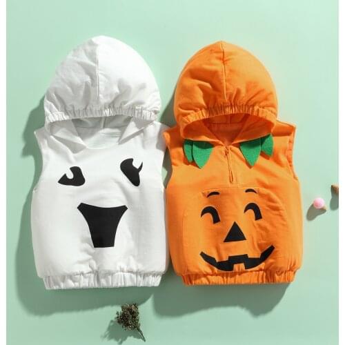 2021-06-03 Lioraitiin 0-24M Newborn Baby Boy Girl Halloween Clothing Sleeveless Pumpkin Printed Hooded Top Sweatshirts