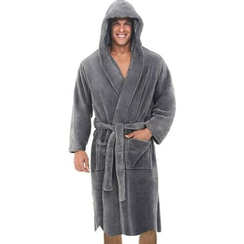 Robe for Men Solid Color Bandage Bathrobe Long Sleeve Hooded Robes Male Lounge Wear Dressing Gown Mens Sleep Tops