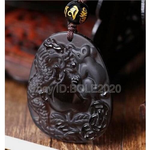 Free Shipping Natural Ice Clear Obsidian Carved Dragon Rat Lucky Amulet Pendant Beads Necklace