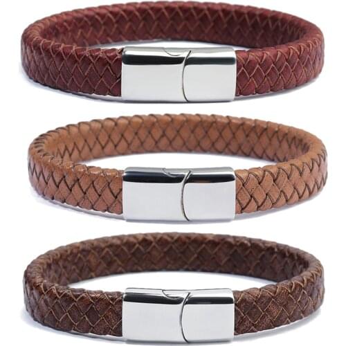 XINYAO Red Brown Black 100% Genuine Braided Leather Wrap Bracelet Men Women Stainless Steel Magnet Wide Bracelets Pulsera