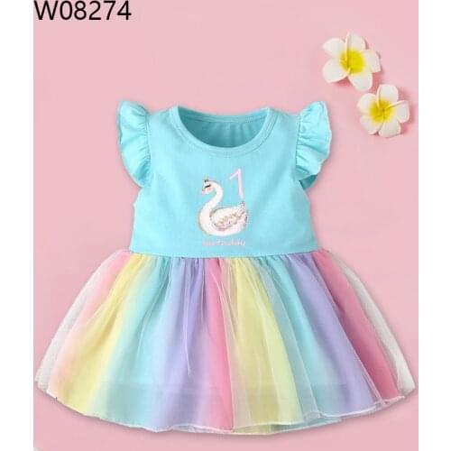Baby Girls Dress 2021 Summer Cute 1-4 Birthday Swan Printed Baby Fashoin Rainbow Girl Princess Birthday Party Dresses Costume