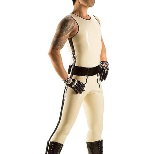 White and Black Trim Sleeveless Latex Men Catsuit Rubber Top Vest Design with Back Zip Tight Customes Jumpsuit BNLCM043