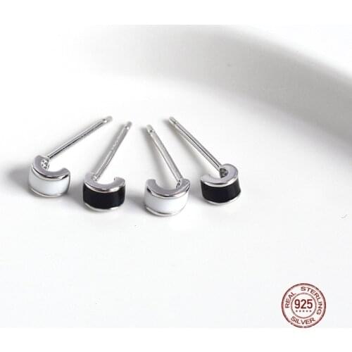 LKO Simplicity Black/White Geometry Arc-Shaped S925 Sterling Silver Ear Stud Earring For Women Earrings Party Fashion Jewelry