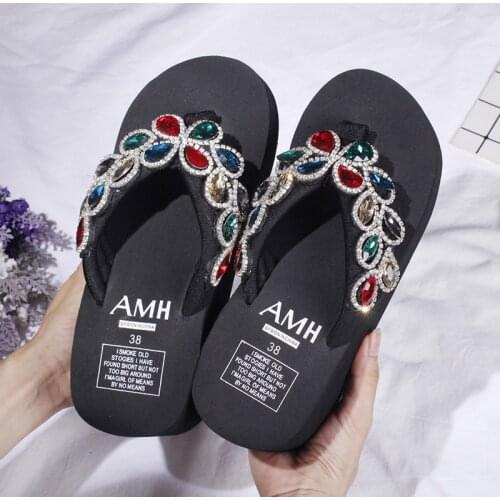 Size 34-43 Fashion Stylish Summer Beach Flip Flops Shiny Rhinestones Bohemia Sandals Women 2021 Wedges Thick Sole Shoes Footwear