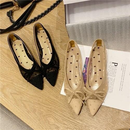 Fashion Women Flats Pointed Toe Air Mesh Shallow Flats Slip On Beige/Black Mesh Elegant Dance Ballet Loafers Summer Flats Shoes