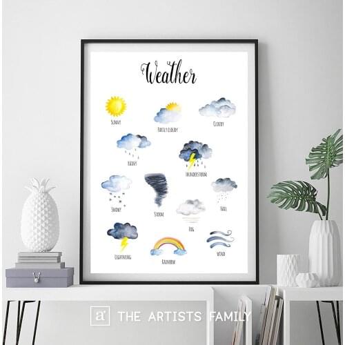 Weather Chart Print Weather Educational Poster Watercolor Nursery Wall Art Canvas Painting Sun Clouds Picture Kids Room Decor