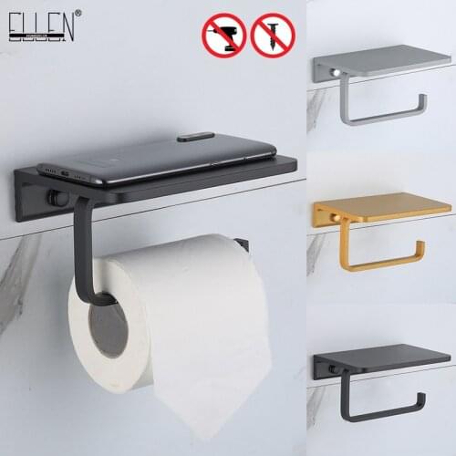 ELLEN Toilet Paper Holder Wall Mounted Black Tissue Paper Holder Gold Roll Holder With Phone Storage Bathroom accessories ELB816