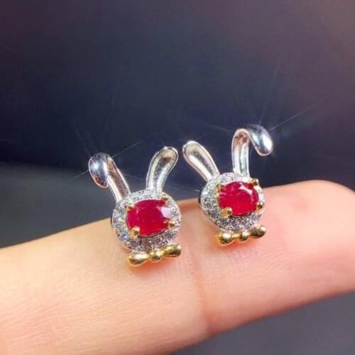 Natural red ruby stone earrings 925 silver Natural gemstone earring women elegant cute delicate rabbit Earrings for party gift