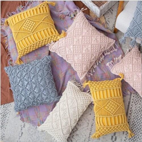 Hand-woven Cotton Thread Cushion Cover with Tassels Colorfu Macrame Geometry Bohemia Ethnic Pillow Cover 30x50cm Home Decoration