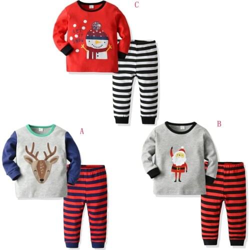 Christmas Infant Kids Baby Girls Boys Pajama Clothes Sets Cartoon Print Pullover Tops+Striped Pants 2pcs 1-5Y