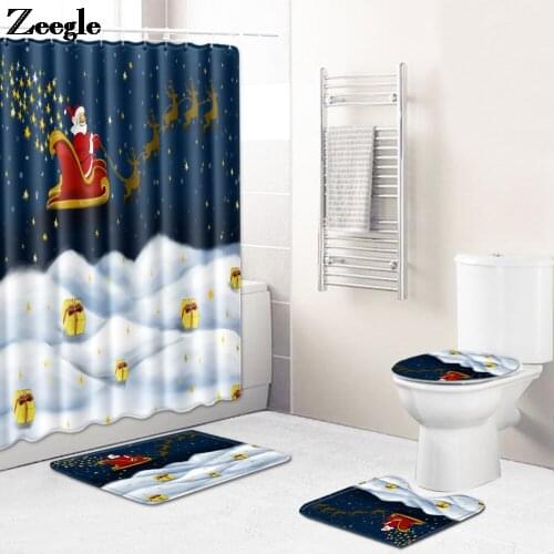 Christmas Style Bath Mat and Polyester Shower Curtain Set Bathroom Carpet Absorbent Toilet Mat Rugs Flannel Floor Carpet Set