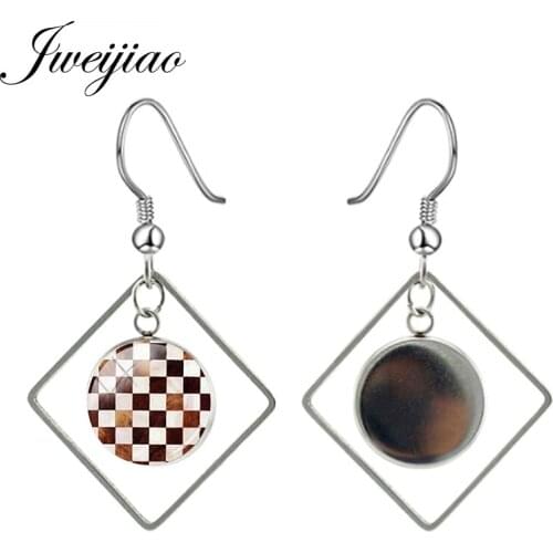 JWEIJIAO Square Grid Checkerboard Picture Geometry Drop Dangle Earrings Round Glass Cabochon Charm Women Girl Accessories TX541