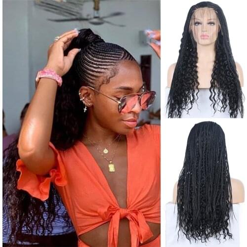 AIMEYA Synthetic 13X4 Deep Curly with Braided Lace Front Wigs Half Hand Tied Box Micro Braids Lace Hair Wig for Black Women Hair