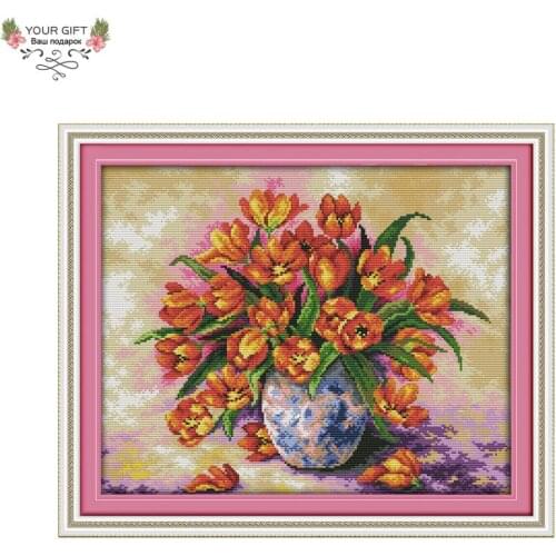 Joy Sunday H361 Free Shipping 14CT 11CT Stamped and Counted Home Decoration Colorful Tulips Flowers Embroidery Cross Stitch