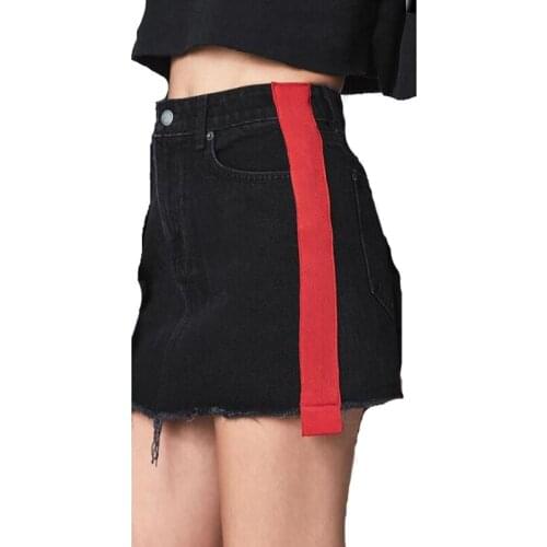 LOGAMI High Waist Side Patchwork Denim Skirt A-Line Mini Skirts Womens Spring Summer Sexy Skirt Black & Red