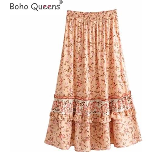 Boho Queens Hippie women beach Bohemian pink floral print skirt High Elastic Waist A-Line Boho rayon Maxi Skirt Femme