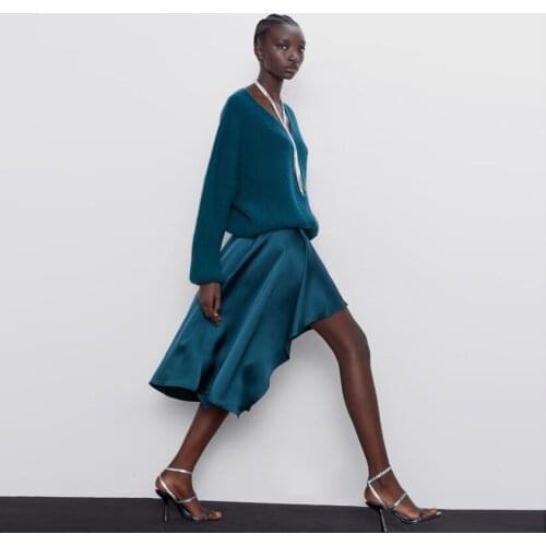 High End Teal Soft Satin Asymmetrical Mid Calf Women Skirts Zipper Elegant High Street Female Skirt Custom Made