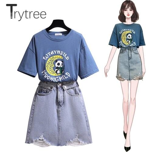 Trytree 2020 Summer Women two piece set Casual O-neck Cartoon Loose T-shirt Tops + Skirt Cowboy Hole Fashion Set 2 piece set