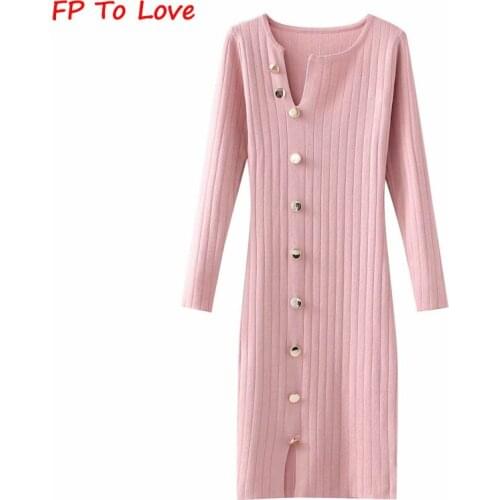 FP To Love Za Woman Knit V-Neck Dress Stylish 2021FW Autumn Spring Button Stretch Long Sleeves Split Pullover Pink Black