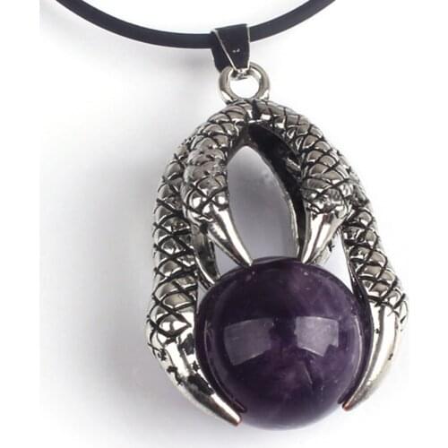 100-Unique 1 Pcs Silver Plated Dragon Claw Natural Purple Amethysts Round Bead Pendant Vintage Jewelry