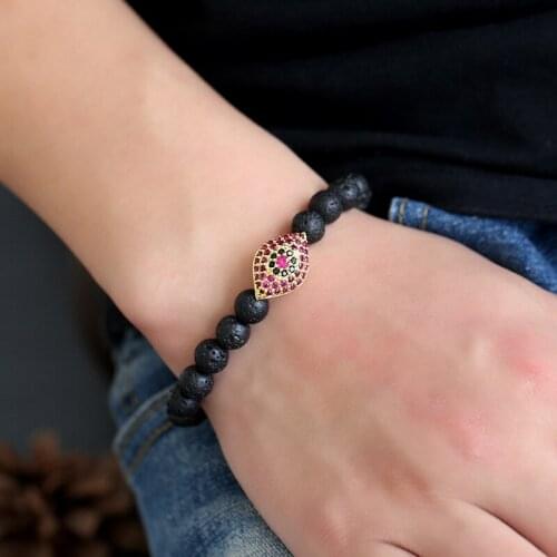 2019 Statement Copper Micro Inset Zircon Eye Shape Jewelry Black Lava Beads Bracelet Fashion Elastic Bangle for Men Women