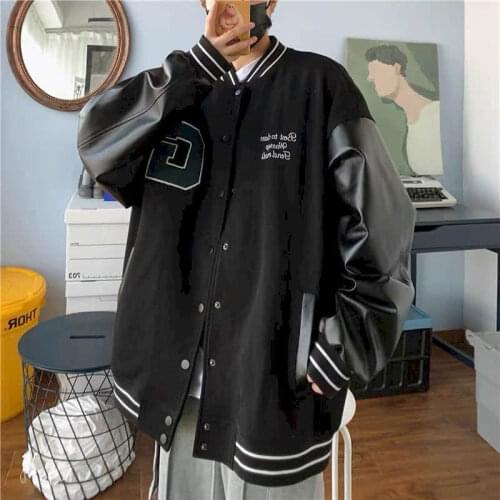 Baseball uniform jacket men women Hong Kong style BF trend retro Light Up Street stitching leather jacket Korean motorcycle top