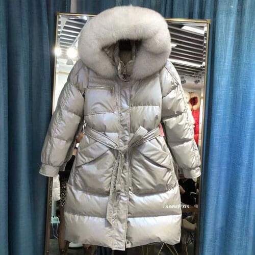 Shiny Glossy Leather Natural big fox fur collar Down Jacket Hooded Parkas Women Winter Thick Warm Long White Duck Down Coat