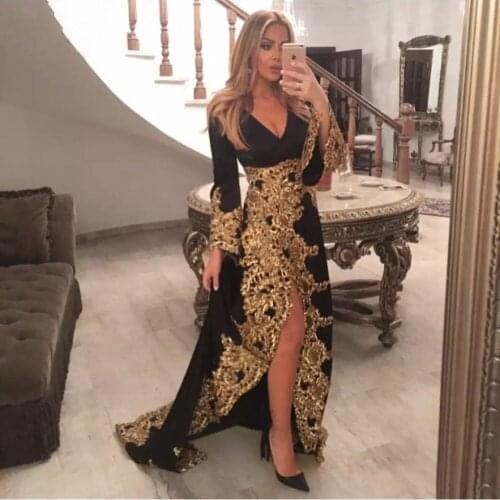 Black Evening Dresses A-line V-neck Long Sleeves Appliques Slit Sexy Dubai Saudi Arabia Long Prom Dress Gown Robe De Soiree