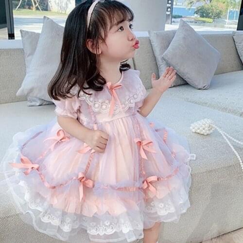 Lace Patchwork Dress for Kids 2021 Summer Ball Gown Lantern Sleeve Girls Party Dress O-Neck Knee-Length Princess Dresses