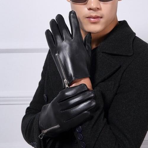 JKP Mens Fashion Leather Gloves Thin / Thick Plush Winter Warm Sheepskin Full Finger Touch Screen Gloves Mittens