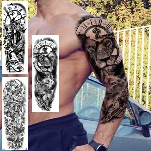 Compass Lion Temporary Tattoos Sleeve For Men Women Adult Realistic Fake Wolf Angel Tattoo Sticker Water Transfer Full Arm Tatoo