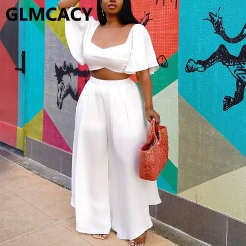 Two Piece Casual Summer Suits Square Neck Crop Top & Loose Wide Leg Pants Set