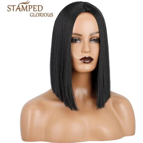 Stamped Glorious 14inches Middle Part Straight Short Wig Black Wig Heat Resistant Fiber Hair Synthetic Wigs for Black Women