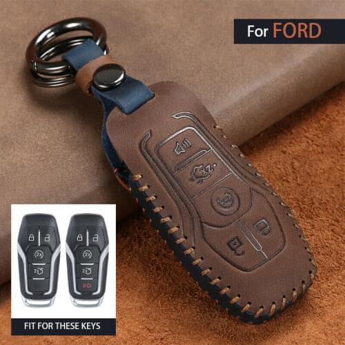 Leather Car Key Case For Ford Edge Explorer Fusion Mustang F-150 F-450 F-550 Lincoln MKZ MKC 5 Button Smart Remote Fob Cover Bag