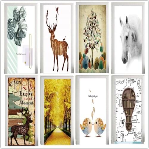 90x200/77x200cm Colorful Elk Door Sticker Living Room Decor Beautiful Pattern Green Leaf Home Decor Decal PVC Adhesive Wallpaper