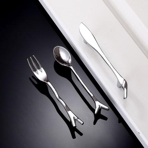 Spoon Fork Knife Design Modern Kitchen Cabinet Handles Chrome Zinc alloy Cupboard Wardrobe Drawer Pull Handle Furniture Knob