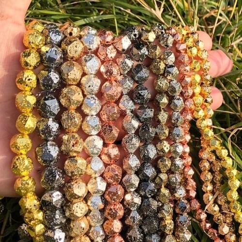 Natural Rock Volcanic Lava Hematite Gold Silver Plated Stone Beads Loose Spacer Beads For Jewelry Making Diy Energy Bracelet 15"
