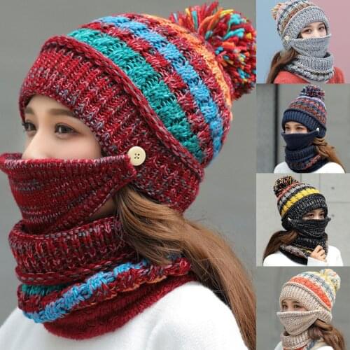 2020 New 3 Pieces Set Womens Knitted Hat 3Pcs Women Winter Plush Knitted Hat Beanie Scarf Face Cover Cycling Warm Set