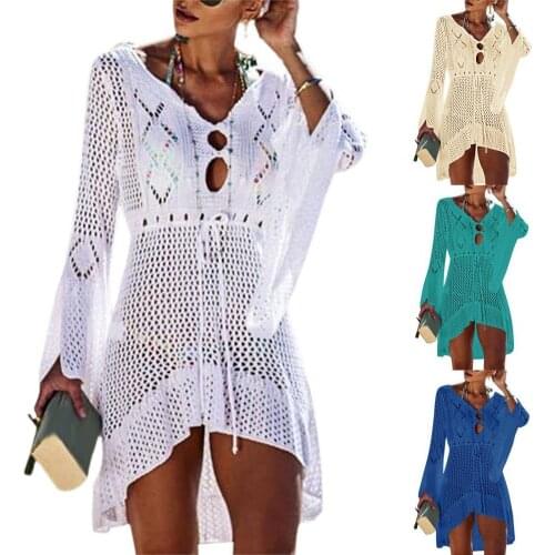 Beach Cover Up Hollow Out Knitted Women Flared Sleeves Solid Color Beach Dress for Vacation