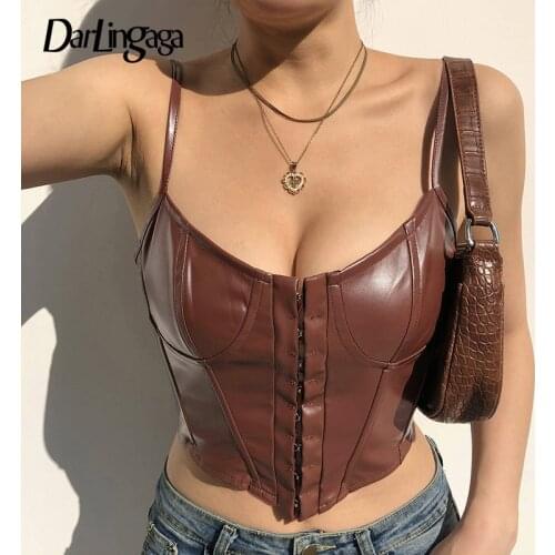 Darlingaga Streetwear Hook Bodycon Strap PU Leather Top Sleeveless Club Party Sexy Black Crop Top Women Cami Corset Summer Tanks